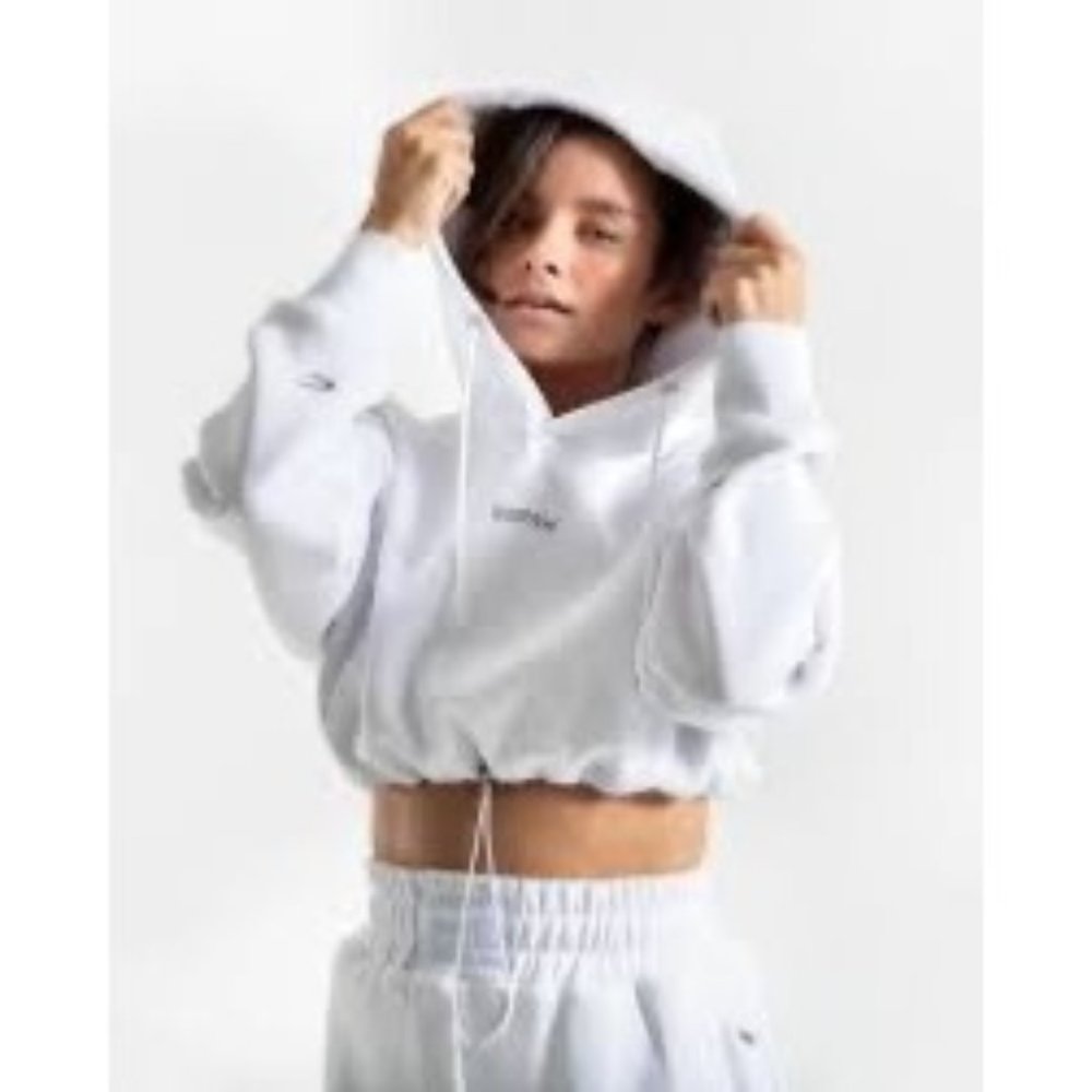Box Raw Sweater Womens XS White Cropped Dropped Sleeve Pullover Adjustable Athle